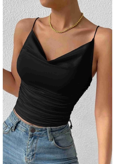 Merry See Kadın Kolsuz Askılı Degaje Yaka Bluz Crop Siyah 001