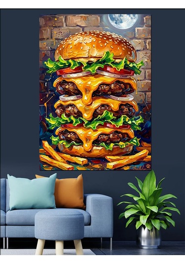 Ay Işığı Altında Devasa Katlı Hamburger Dekoratif Kanvas - Mdf Ahşap Tablo