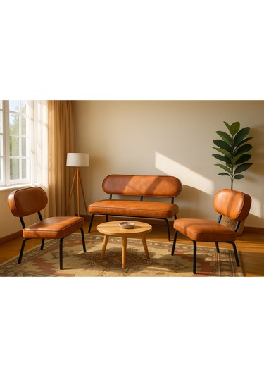 Luna Modern Deri Koltuk Takımı Bekleme Koltuğu Ofis Koltuk Takımı Taba Taba