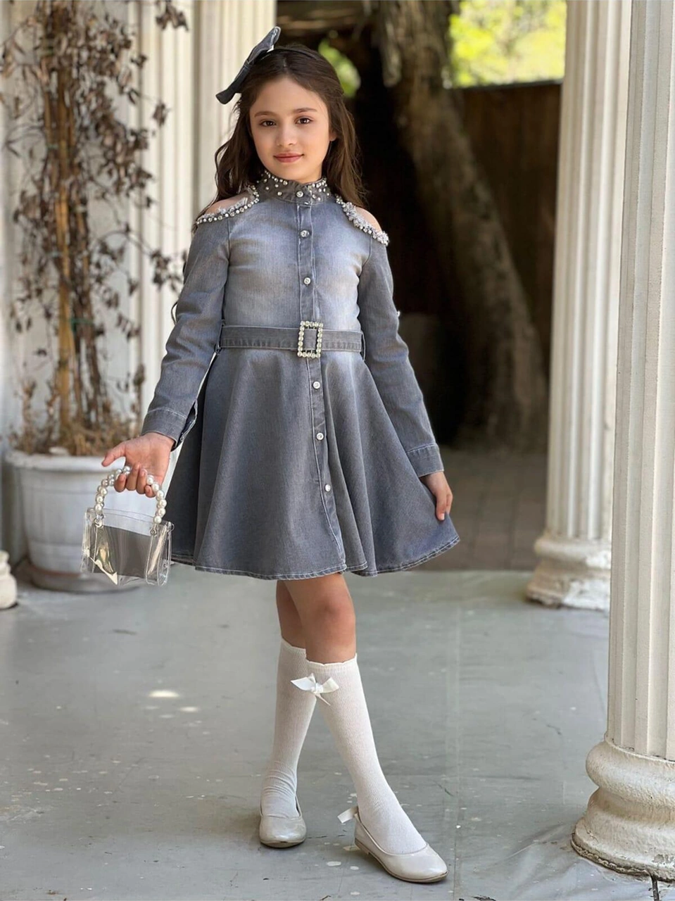 Çocuk Omuz Taşlı Püsküllü Kız Çocuk 5 Parça Kot Elbise Gri