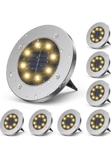 Trendooze Güneş Enerjili Renkli Gömme Aydınlatma - 8 Adet Sıcak Işık, Paslanmaz Çelik
