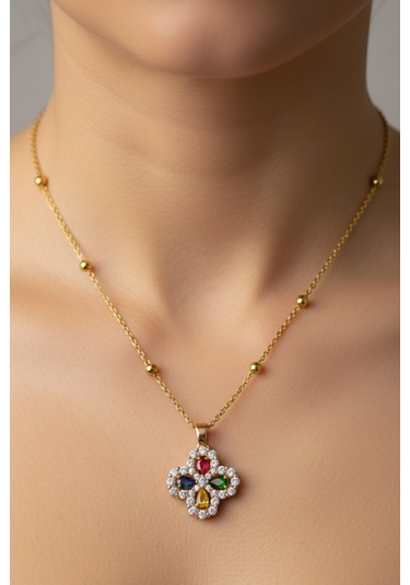 Altın Renk Mix Taşlı Yonca Model Top Zincir Çelik Kolye - 3683 Çok Renkli