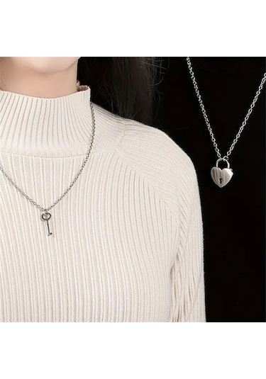 Kalp Kilit Figürlü Sevgili Kolyeleri Çift Kolye Gümüş Kaplama Gümüş