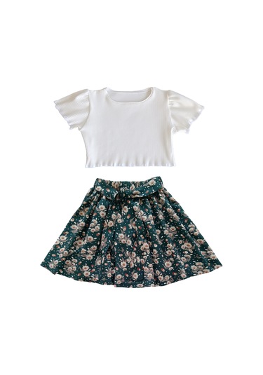 Çocuk Etekli Takım, Papatya Desenli Etek - Ekru Fitilli Crop Ekru-papatya Ekru - Yeşil