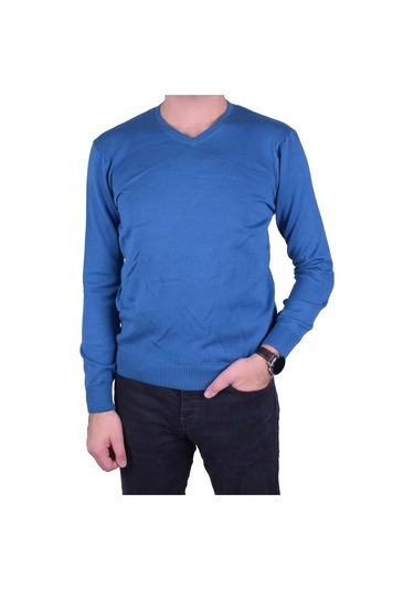 Erkek V Yaka Triko Kazak Mavi Regular Fit Pamuklu, Ot-Kzk-20003 Mavi
