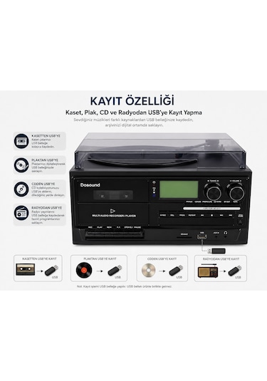 Dosound Tr-17 Ahşap Çok Fonksiyonlu Pikap Kaset Cd Usb Bluetooth Müzik Sistemi 1 Adet