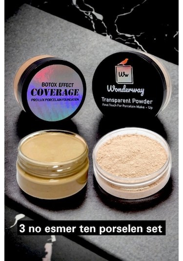 Wonderway Yoğun Kapatıcı Porselen Fondöten & Transparan Pudra Set 03 Esmer Ten Sünger ve Göz Kalemi