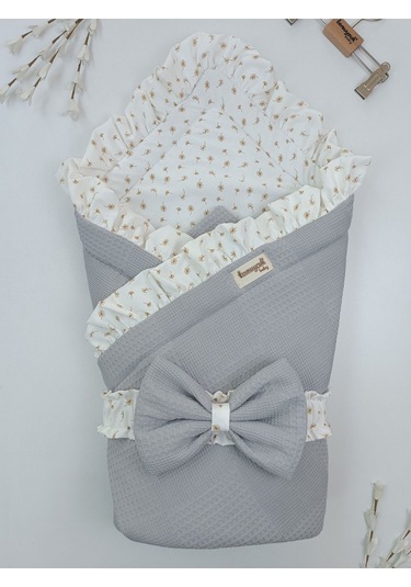 Pike Bebek Battaniyesi Dış Kundağı %100 Pamuklu Çiçek Desenli Yenidoğan Hastane Çıkışı Mevsimlik Gri