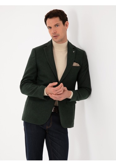 Cacharel Haki Slim Fit Yün Karışımlı Mikro Desenli Ceket Yesıl