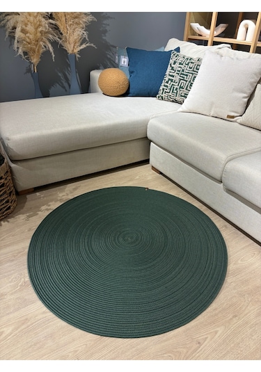 Jüt Yuvarlak Hasır Görünümlü Klasik Halı Kilim Yeşil
