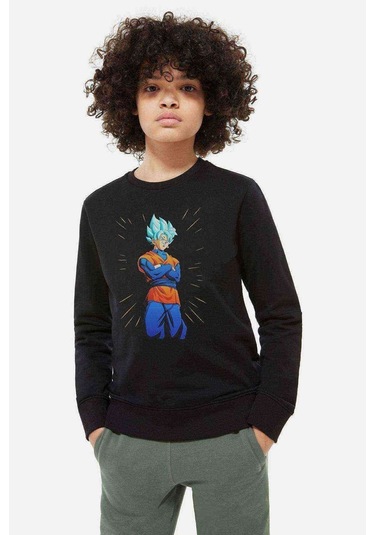 Anime Dragon Ball Baskılı Unisex Çocuk Siyah Sweatshirt (534639015) Siyah