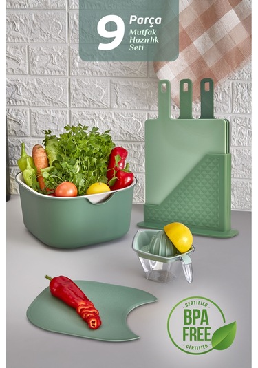 9'lu Mutfak Hazırlık Seti - Standlı Kulplu Kesme Tahtası Karıştırma Kabı Kase Süzgeç Limon Sıkacağı Yeşil