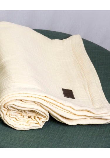 4 Katlı Müslin Yatak Örtüsü - Battaniye Pike %100 Organik Pamuk Dört Mevsim Yumuşak Gots Sertifikalı Açık Krem