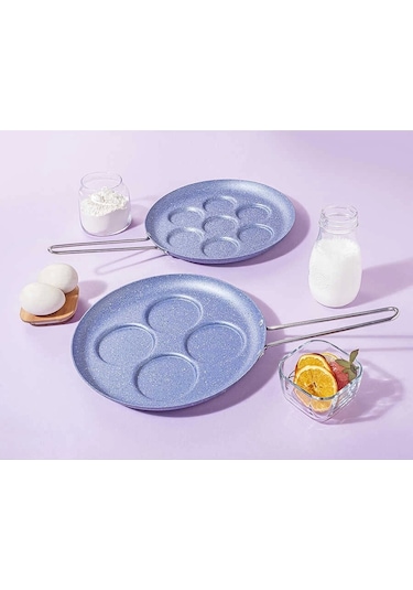 Gri Mavi Renk Granit Pankek Tavası 28cm -7 Bölmeli Çelik Kulp