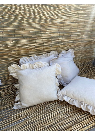 Keten, Bohem, Fırfırlı, Vintage, 4'lü Kare Kırlent Kılıfı Naturel
