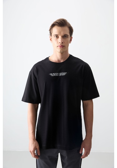 Tommy Life Siyah %100 Pamuk Kalın Yumuşak Dokulu Oversize Fit Baskılı Erkek T-shirt - 88356 Siyah