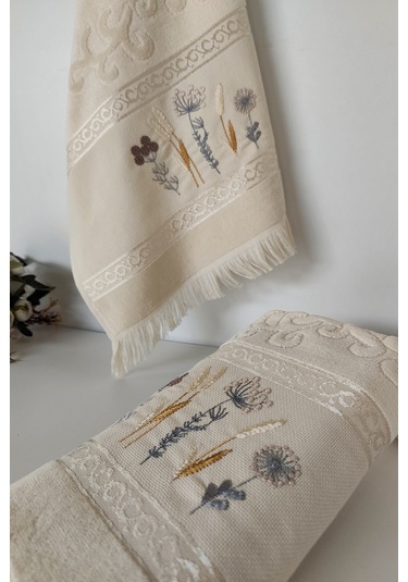 2'li Nakışlı Jakarlı Kadife El Yüz Havlusu - %100 Pamuk - Kapuçino Cappuccıno Cappuccino