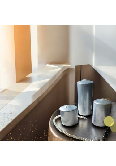 Denic 3 lü Mum Seti Metalik Gümüş Blok Mum Silindir Mum Baton Mum