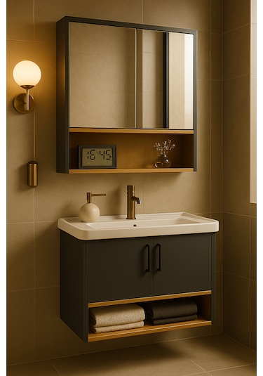 Legna 80 Cm Antrasit&ahşap Banyo Dolabı Takımı Alt Ve Üst Dolap