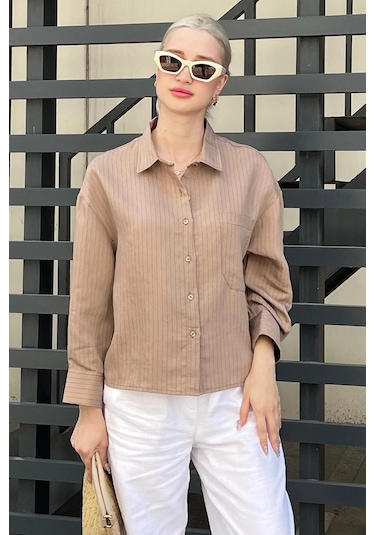 Madmext Camel Çizgili Oversize Kadın Gömlek Mg2093-camel Camel