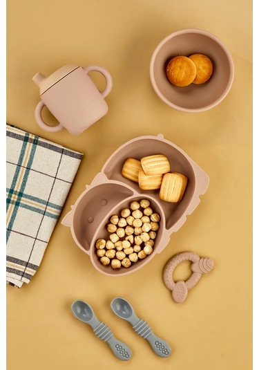 5'li Silikon Set / Bölmeli Mama Tabağı / Kase / Bebek Bardağı / Diş Kaşıyıcı / Mama Kaşığı - Moka Mocca