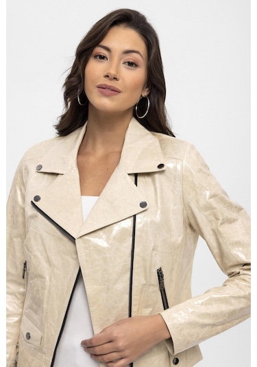 Bej Merlot Çıt Çıt Detaylı Yandan Fermuarlı Biker Motorcu Hakiki Deri Kadın Mont-bej Bej