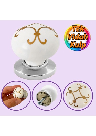 Defne Altın Çizgili Beyaz Polimer Düğme Kulp Krom Tablalı Mobilya Mutfak Dolabı Çekmece Kulbu Kulpları