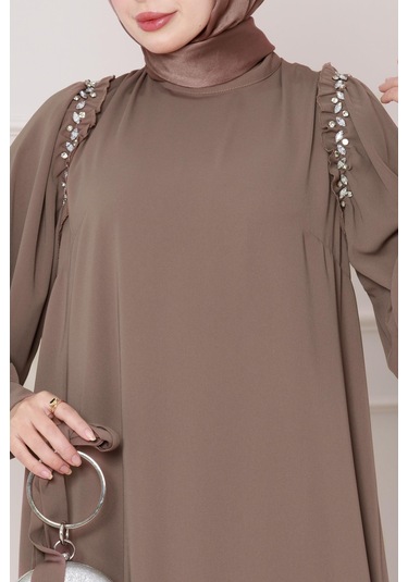 Omuzu Taş Detaylı Rose Elbise-vizon-4771 Vizon