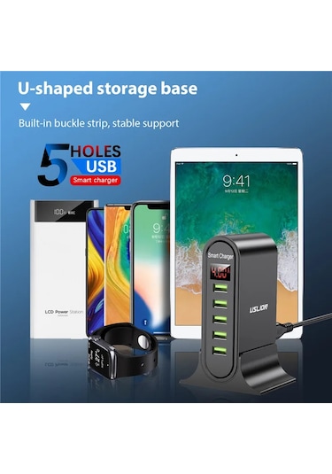 Uslıon 5 Port Usb Şarj Aleti Hub Çoklu Usb Şarj İstasyonu Dock Masaüstü Duvar Us Balck