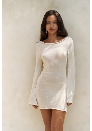 Mai Collection Mai Studios Co. Lenthe Kayık Yaka Bej Mini Triko Elbise Bej