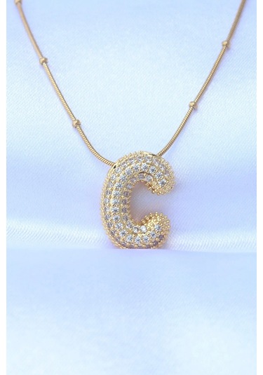 Mrs Flower Çelik Zincirli Zirkon Taşlı C Harfli Gold Renk Bubble Kolye Çok Renkli