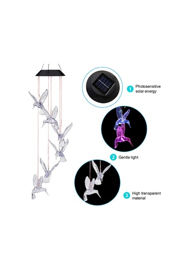 Qingmipy Güneş Enerjili Renk Değiştiren Led Bahçe Rüzgar Çanı - Kuş Figürlü Dekoratif Aydınlatma Şeffaf
