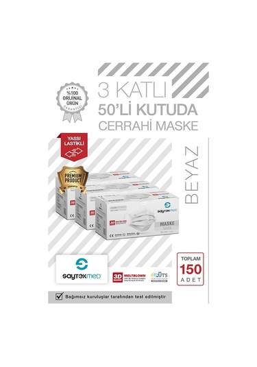 Saytekmed Meltblown Filtreli, Yassı İpli, 3 Katlı Beyaz Maske (3 Kutu/150 Adet)