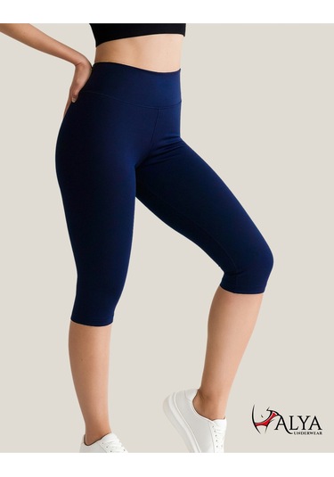 Diz Altı Kapri Tayt Yüksek Bel Likralı Parlak Dalgıç Kumaş, Antrasit Füme Lacivert