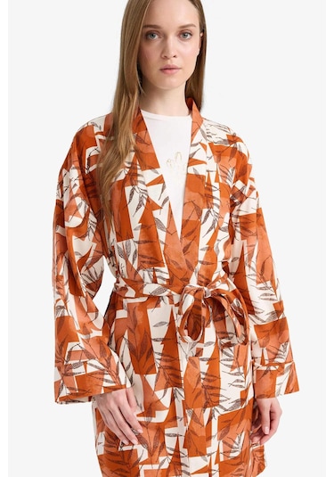 Defacto Relax Fit Bisiklet Yaka Desenli Viskon Kimono E7262ax25smog613 Turuncu