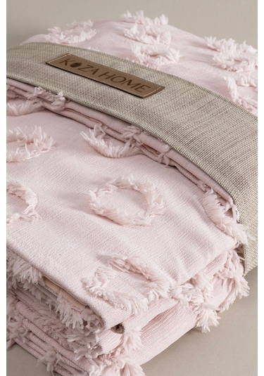 Koza Home Sitra Pudra Çift Kişilik Püsküllü Yatak Örtüsü 230x250 2 Yastık 5 Pudra