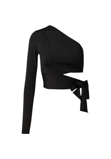 Kadın Belden Bağlama Detay Tek Kol Uzun Açık Spor Şık Rahat Kalıp Crop Top Bluz Siyah