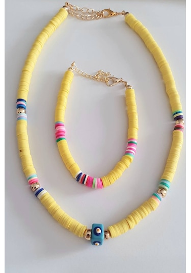 Fimo Soft Nazar Boncuklu Kolye ve Bileklik Seti  Sarı Altın