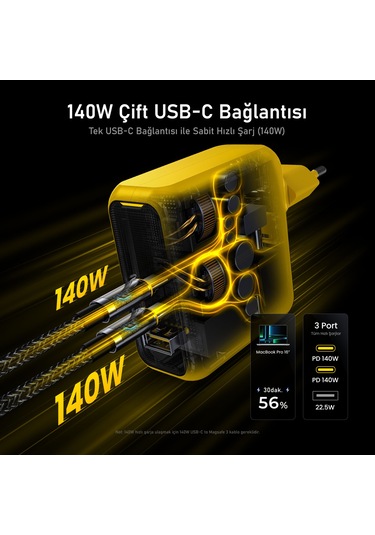 Aohi Magcube 140w 3 Portlu Şarj Adaptörü, 140w 1m Pd 3.1 480mbps Süper Hızlı Şarj/data Kablosu Seti