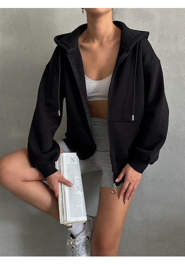 Kadın Fermuarlı Oversize Sweat Hırka Siyah