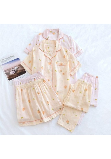 Pamuklu Pijama Kadın 3 Adet Set Baskılı Moda Saf Pamuk Çift Katmanlı Gazlı Bez Şort/uzun Pantolon Pijama Sarı