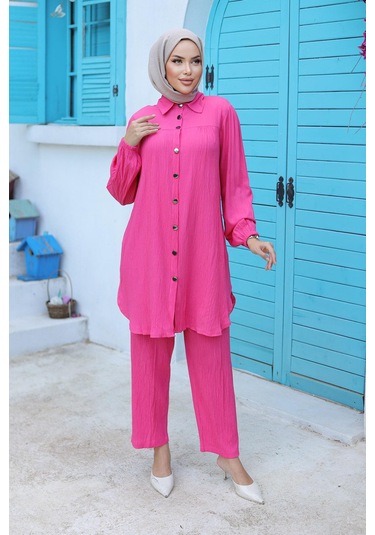 Büzgü Detaylı Tesettür Fuşya Takım Fuşya