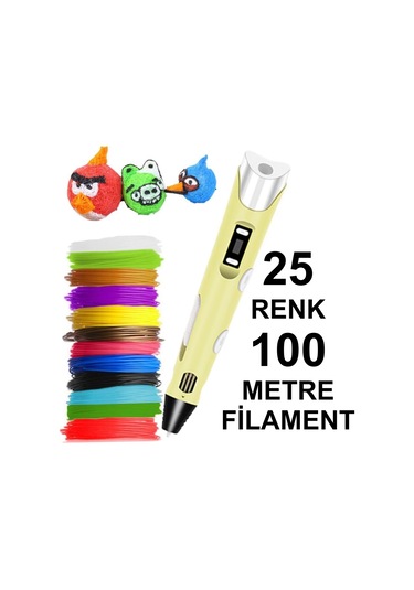 Sari 3D Kalem Yazıcı+25 Renk 100 Metre (25X4Metre) Pla Filament