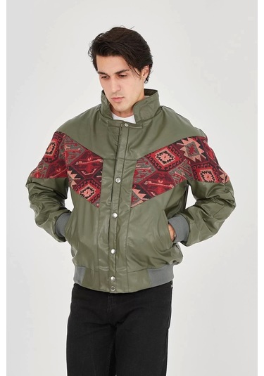 Erkek İçi Astarlı İçten Yaka Kısmı Peluşlu Suni Kumaş Vintage Ceket - Haki Haki