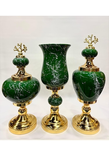 3'lü Dekoratif Prestij Dekoratif Vazo Set - Yeşil Yeşil
