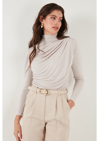Lela Streç Büzgü Detaylı Slim Fit Dik Yaka Bayan Bluz 669925 Koyu Bej