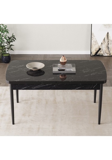 Jusie Siyah Mermer Desen 80x132 Açılabilir Mutfak Masası Takımı 6 Adet Sandalye Siyah