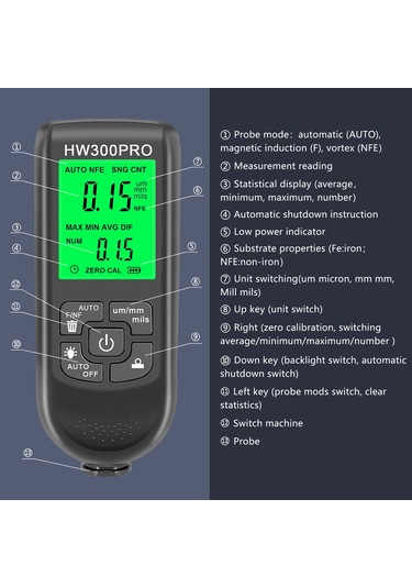 Singree Hw-300pro Çok Fonksiyonlu Kaplama Kalınlık Ölçer - Otomatik Kapanma, Fe/nfe Modlu, 0-2000μm Hassas Ölçüm Siyah