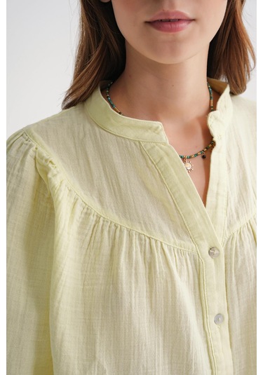4733 Kadın Büzgü Robalı Uzun Kol Müslin Gömlek Tereyağı Sarısı Tereyağı Sarısı
