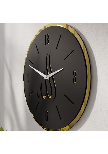 Dekoratif Lüx Allah Yazılı Aynalı Pleksili Ahşap Duvar Saati Siyah - Gold